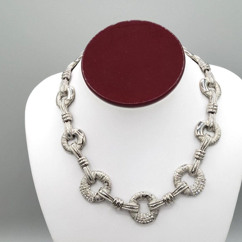 Womens Silver Tone Link Circlet Necklace With Pave Rhinestone Crystal Accents